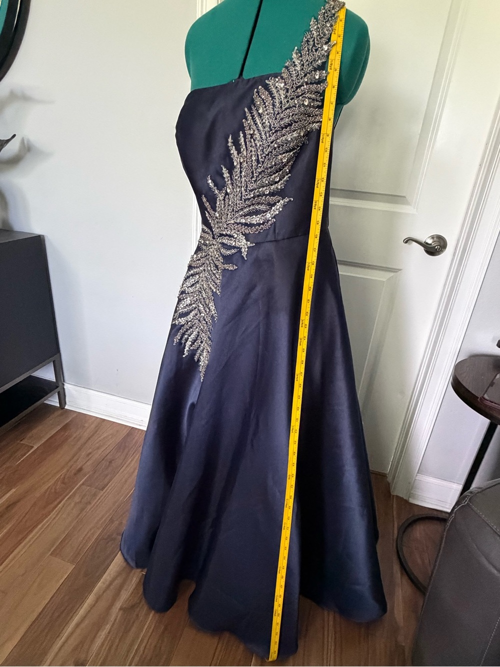 Terani Couture Navy Blue One-Shoulder Prom Gown with Silver Embellishment - Picture 8 of 12